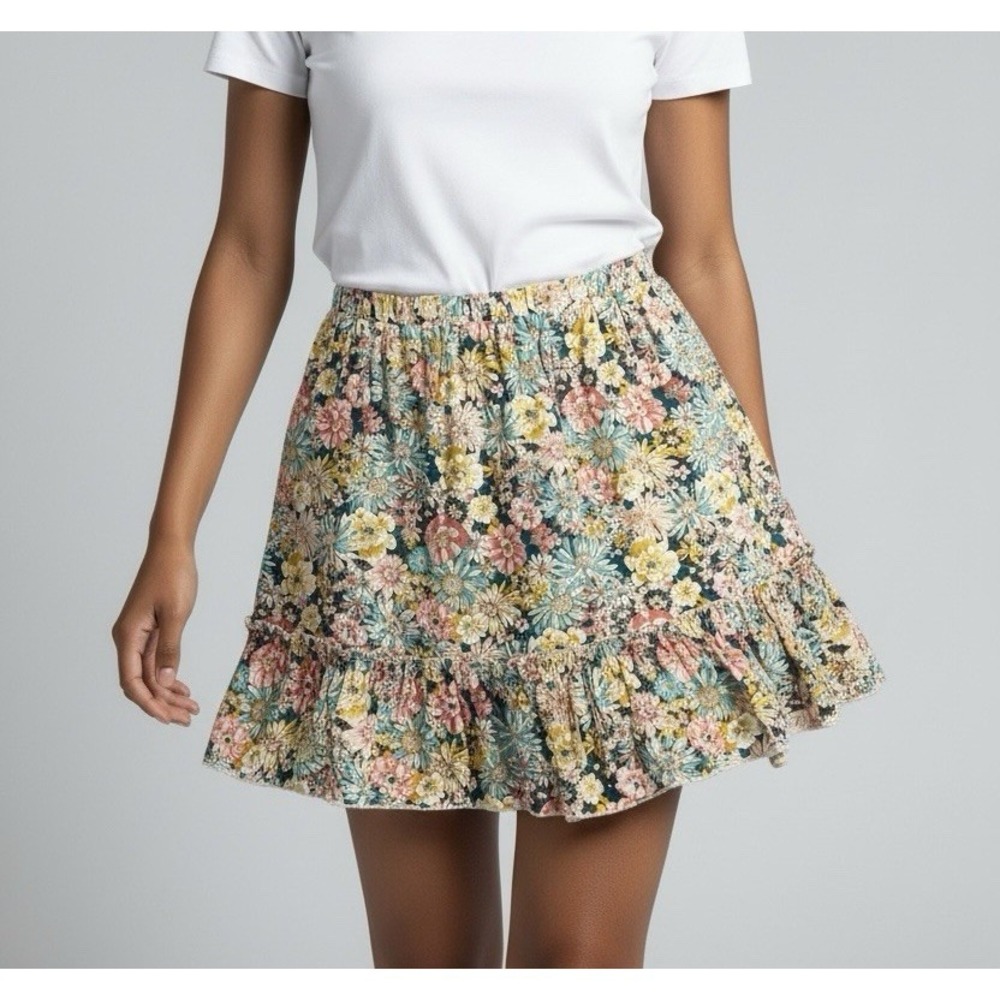 Luna‎ Moon Floral Eyelet Embroidered Ruffle Mini Skirt Size S Festival Boho